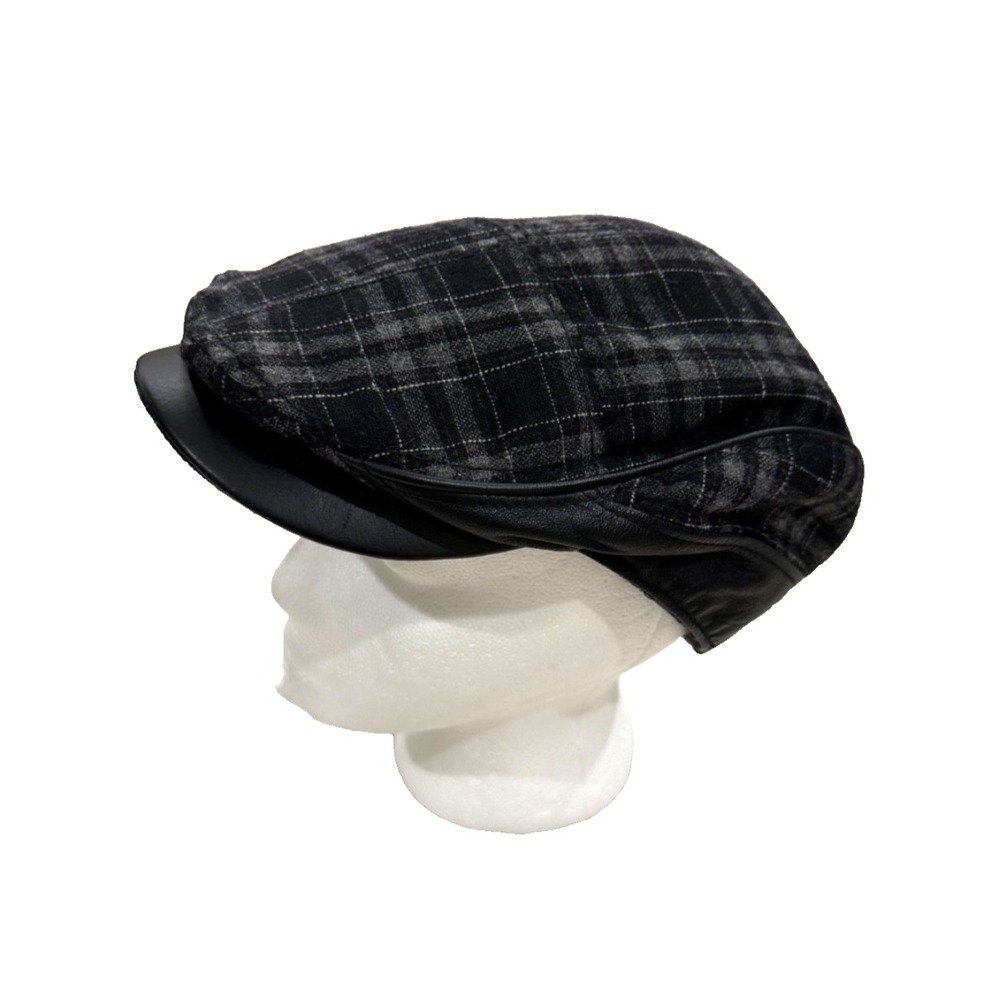 Ben Sherman Newsboy Cap; Wool Blend; Black/Grey Plaid; Leather Trim; Size S/M